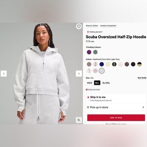 Lululemon Scuba Oversized Half-Zip Hoodie, Ultra Light Grey, Size XS/S